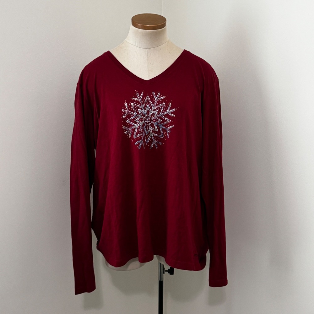 Life is Good XXL Red Long Sleeve Snowflake T-Shirt Tee 2XL Christmas Winter Snow